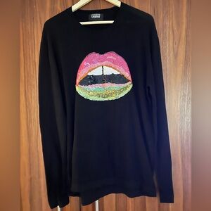 Markus Lupfer Black Cotton Sweater with Sequin Lip Design